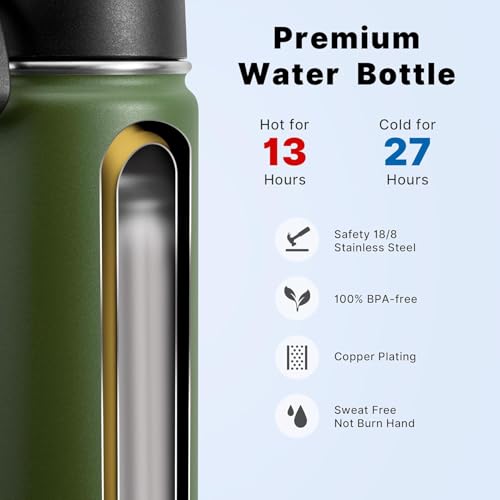 Image of koodee Water Bottle for School 26 oz Stainless Steel Vacuum Insulated Sports Water Bottle for Boys, Reusable Metal Water Bottle with Leak Proof Straw Lid (Grass Green)