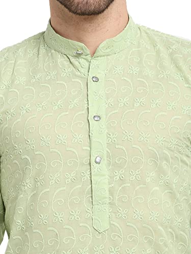 Image of Jompers Men Green Ethnic Embroidered Pure Cotton Kurtas.