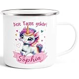 SpecialMe® Kinder-Tasse Emaille personalisiert mit Namen und Einhorn Aufdruck Namenstasse individuelle Geschenke Mädchen Weiss-silber standard