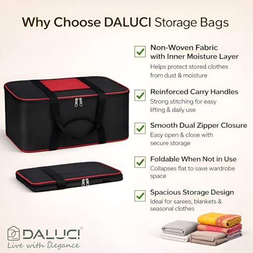 Image of DALUCI 2 Pack Underbed Storage Bags for Clothes, Blankets & Sarees, Large Moisture Proof Storage Organizer with Zip, Non Woven Wardrobe Storage Bags - Black (52 x 44 x 20 cm)