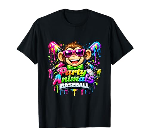 Party Animals Baseball Monkey Sunglasses Batter Pitcher Game T-Shirt