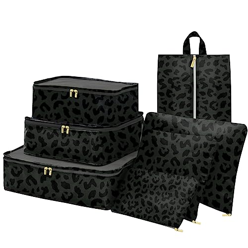 Image of BHAHB 7 Set Packing Cubes Travel Luggage Organizers for Suitcase Travel Accessories with Shoe Bag for Women Girls Aesthetic Cute-Black Leopard Cheetah Pattern