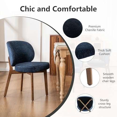 Image of YOUNIKE Dining Chairs Set of 2 Modern Kitchen Dining Room Chairs Navy Blue | Chenille Fabric Upholstered Armless Side Accent Chair with Back Wide Padded Seat Wooden Leg, Soft, Breathable, Comfortable