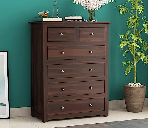 Image of Credenza Sheesham Wood Chest of Drawers 6 Drawer Storage Sideboard, Contemporary Bedroom Hall Home Office Furniture, Kitchen Cabinet, Sleek and Modern Chest of Drawers, Walnut Finish - Preassembled