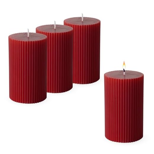 Echtwachs Stumpenkerze 10 x 6 cm geriffelt 4er Set - rot - Advents Kerze unparfümiert ca. 27 Stunden Brenndauer - Weihnachten Tisch Deko Kerze Blockkerze Zylinderkerze Säulenkerze