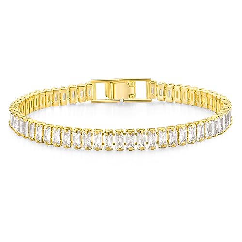 Mameloly 6mm Cubic Zirconia Classic Tennis Bracelet 14K Gold Plated Baguette Charm CZ Bracelets for Women Size 6.5 Inch