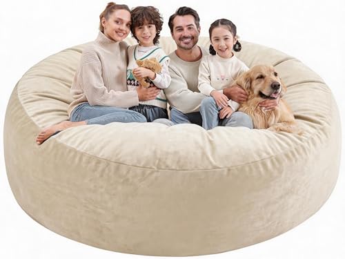 SIMFLAG 7FT Bean Bag Chair Large Bean Bag Chairs with Memory Foam Filled Fluffy Beanbag Sofa with Dutch Velvet Cover Round BeanBag Chairs for Living Room Playroom - Dark Beige