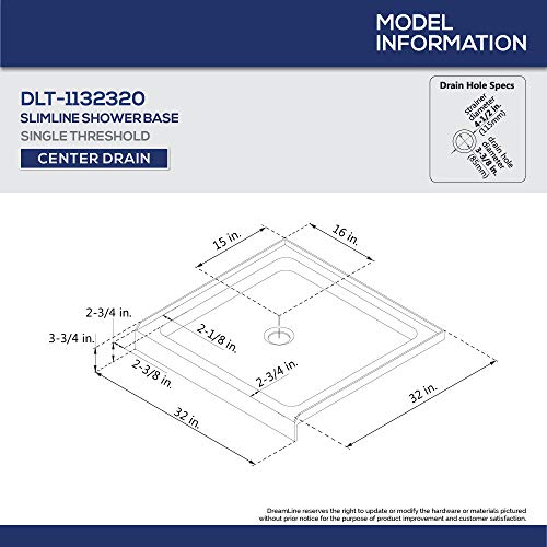 Image of DreamLine SlimLine 32 in. D x 32 in. W x 2 3 /4 in. H Center Drain Single Threshold Shower Base in White, DLT-1132320