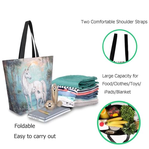 Forest White Unicorns with Child Extra Large Canvas Gym Shoulder Tote,Durable Daily Reusable Top Handle Bag for Mens Womens Yoga Weekender Picnic Beach Travel Market Shopping2