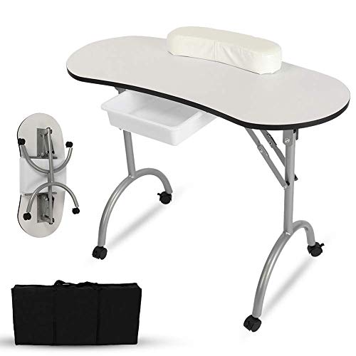 GOTOTOP Nail Table,Portable Folding Station Desk Movable Manicure Tech Table for Home Spa Beauty Salon with Wrist Cushion, Drawer, 4 Lockable Wheels, Carry Bag 35.4"x16.1"x29.3" (White)