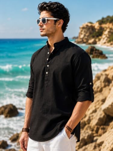 Image of Majestic Man Men's Pure Cotton Solid Mandarin Collar Slim Fit Roll-Up Sleeves Short Kurta Lightweight Summer Kurta for Daily & Occasion Use