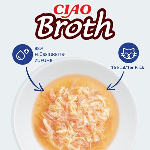 INABA Ciao Broth Katzenfutter Nass 88% Feuchtigkeit und Vitamin E, Premium Katzensuppe mit Huhn & Lachs 40 g (1er Pack), 100% natürliches Fleisch, Getreidefrei, Zuckerfrei