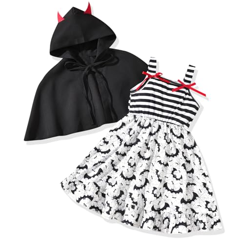 fioukiay Toddler Girls Halloween Dress Outfits Sleeveless Spaghetti Strap Dresses with Hooded Cape