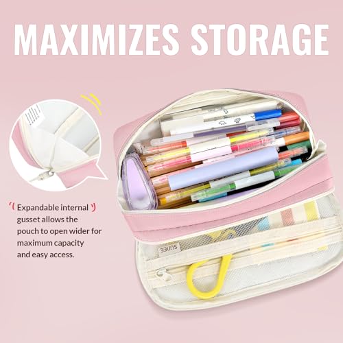 Image of SUNEE Pencil Case, Large Capacity Pencil Pouch, Aesthetic Pen Bag Office Stationery Organizer Simple Sturdy Multifunctional for Teen Girls Women Men, Pink