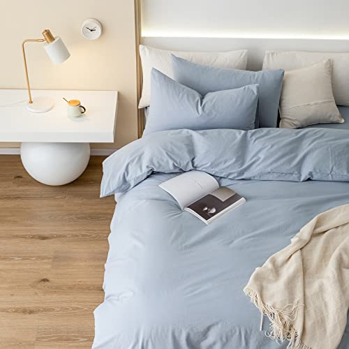 Jiyuan 100% Washed Cotton Duvet Cover Set Comfy Simple Style Solid Color Soft Breathable Textured Durable Linen Feel Bedding Sets For All Seasons Queen Size, Light Blue #TOP6