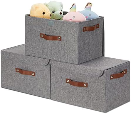 Storage Bins with Lids 3 Pack,WLFRHD Fabric Storage Baskets for Shelves,Collapsible Storage Boxes with Lids Decorative Fabric Storage Bins 15"x10"x10",Closet Storage Organizer Containers for Home Bedroom Nursery Toy,Grey