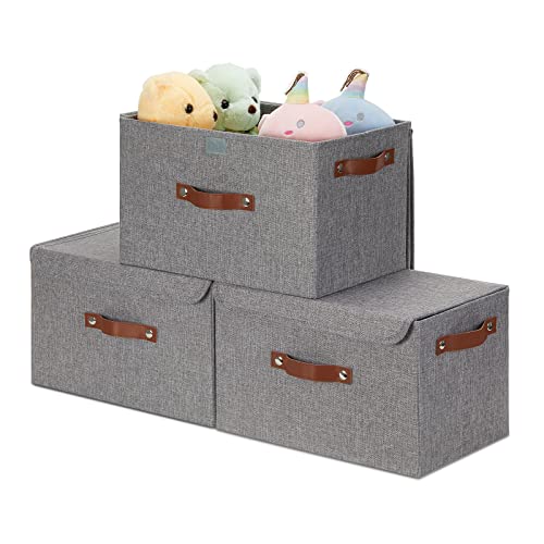 Storage Bins With Lids 3 Pack,Wlfrhd Fabric Storage Baskets For Shelves,Collapsible Storage Boxes With Lids Decorative Fabric Storage Bins 15"X10"X10",Closet Storage Organizer Containers For Home Bedroom Nursery Toy,Grey #TOP24