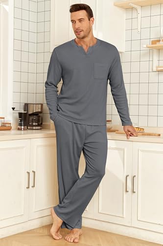 Image of JiniGolla Mens Pajamas Set Soft Short Sleeve Top and Pant Loungewear Sets 2 Piece Pjs with Pockets