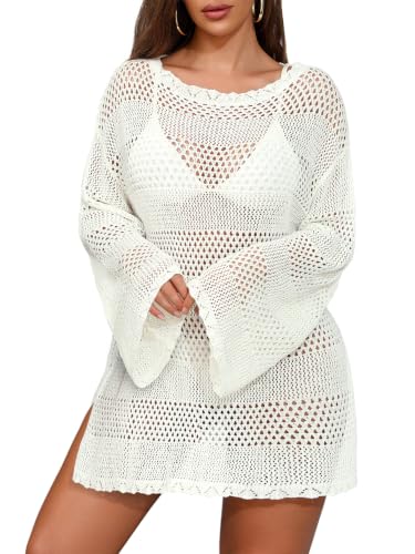 Image of Lilosy Sexy Crochet Sheer Kaftan Caftan Beach Dress Bathing Suit Swim Coverup Summer Vacation Outfits One Piece