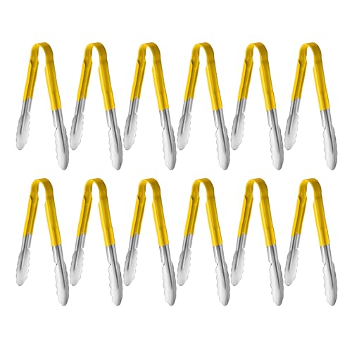 New Star Foodservice 35889 9-Inch Utility Spring Tongs, Stainless Steel, Vinyl Coated, Set of 12, Yellow