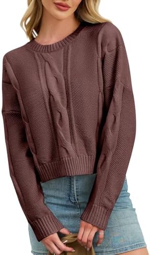 MISSACTIVER Women Loose Cable Knit Crop Sweater Crew Neck Long Sl...