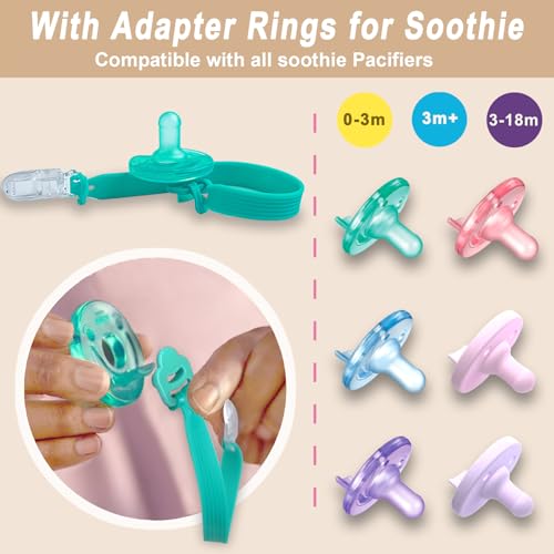 Image of Silicone Pacifier Clip with Adapter Ring for Philips Avent Soothie, 2 Pack One-Piece Soft Binky Clips Holder for Baby Girls Boys, Anti-Loss Paci Clips for Baby Shower Newborn Essentials,Pink Purple