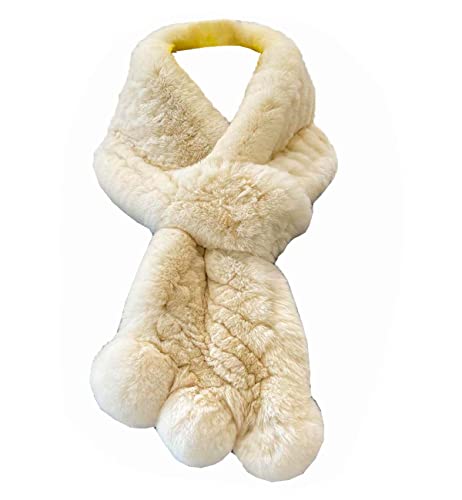 XUYUZUAU Femmes Écharpes en Fourrure Véritable Rex lapin Fourrure Écharpe Chauffe-cou en Tricot Hiver Chaud avec Pompom