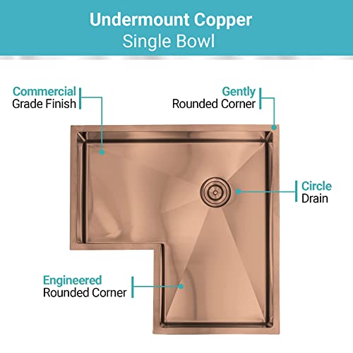 Strictly Sinks 30 Inch Corner Kitchen Sink – Copper Single Bowl 16 Gauge Stainless Steel Shelf Accessory ½ Inch Radius – With Scratch & Stain Resistant Bottom Protector Grid #TOP4