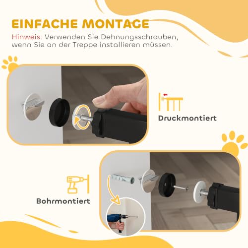 PawHut Türschutzgitter Hunde, Absperrgitter, 74-147,5 cm, Treppenschutzgitter für Haustier, Hundegitter inkl. 3 Verschiedene Verlängerungen, Schutzgitter ohne Bohren, Metall, Kunststoff, Schwarz