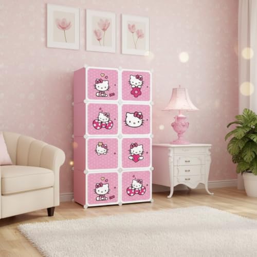 Image of KRISHYAM Kids Modular Storage Cabinet with Pink Kitty Cartoon Design Doors, 8 Cube Plastic Wardrobe Organizer, DIY Closet System with Hanging Rod, Toy & Clothes Storage (Hello Kitty, 8 Box)