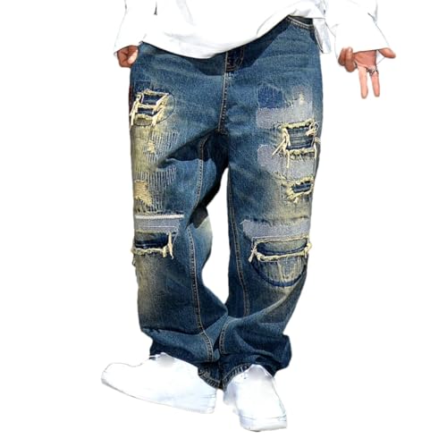 Men’S Streetwear Straight Baggy Denim Cargo Pants Midweight Distressed Fashion Trousers Full Length Jeans
