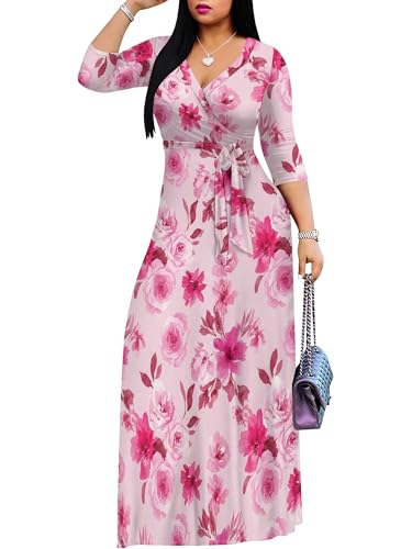 Image of Plus Size Dresses for Women Floral Print Maxi Dress Flowy 3 /4 Sleeve with Belt