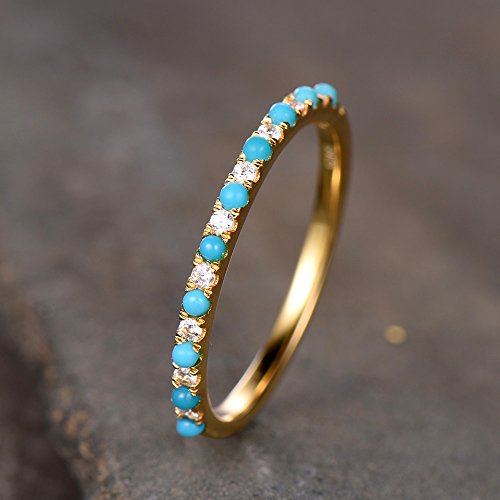 Turquoise Wedding Band Turquoise with CZ Diamonds Ring Thin Eternity Band Yellow Gold Plated Sterling Silver Anniversary Ring