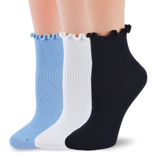 Image of Women Ruffle Crew Socks Lightweight Thin Stripe Turn-Cuff Cute Girls Cotton Socks 3 Pairs