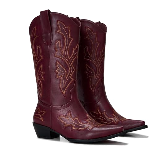 Image of Cowboy Boots for Women - Embroidered Western Cowgirl Boots with Fashion Snip Toe, 1.75-Inch Low Block Heel and All-Day Comfort Fit