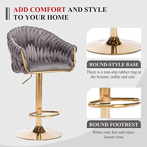 Nioiikit Velvet 360° Swivel Bar Stools With Hand Woven Backrest Design Upholstered Adjustable Counter Bar Stool With Golden Bracket Back And Footrest Bar Chair For Kitchen, Pub (1, Grey) #TOP2