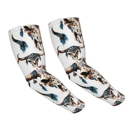 HUIopq トライバル ブル スカル オン ホワイト プリント 快適 冷却 アームスリーブ 紫外線保護 ゴルフ サイクリング ランニング テニス バスケットボール