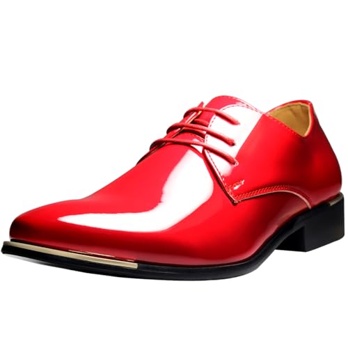 zpllsbratos Derby Chaussures de Ville à Lacets Cuir Vernis Homme Oxford Bout Pointu Business Mariage 38-48(Rouge,43 EU)