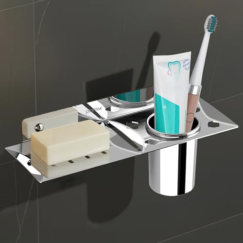 Image of Plantex Stainless Steel 2in1 Soap Dish with Tumbler Holder /Soap Stand /Tooth Brush Holder /Bathroom Accessories - Wall Mount (Chrome)