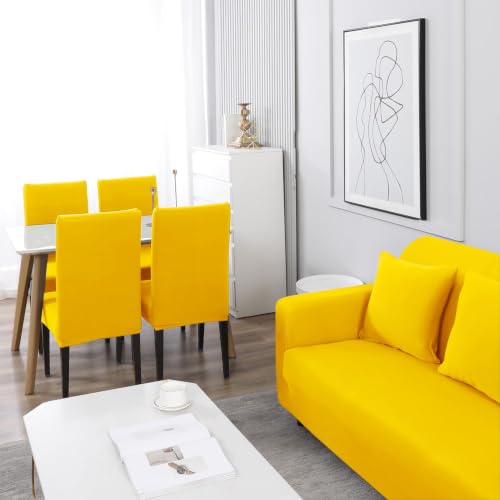 Image of HOKIPO Printed 5 Seater Fully Covered Sofa Cover in 3 Seater and 2 Seater Configuration, Sunny Yellow (NEW-AR-4278-E20 + AR-4279-E20)