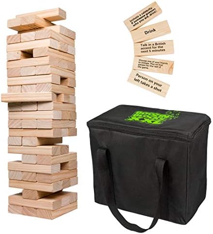 SCS Direct Extra Giant Stacking Tower Drinking Game w Carrying Case - Stacks up to 5 ft - 60pcs Wooden Blocks with Drinking Commands (21+ only), Fun Indoor, Outdoor Adult Party Activity, Funny Gift