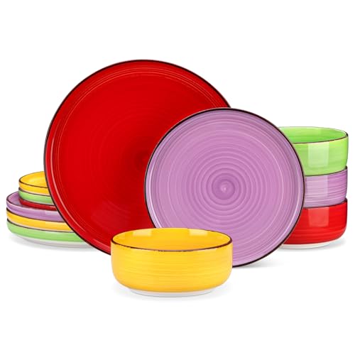 Image of vancasso Bonita Stoneware Dinnerware Sets, 12 Pieces Dishes Set,Polished Round Plates and Bowls Set for 4, Dishwasher and Microwave Safe, Multicolor