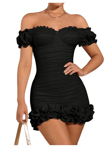 WDIRARA Women's Off Shoulder Puff Sleeve Ruffle Bodycon Dress Cocktail Party Mini Dress