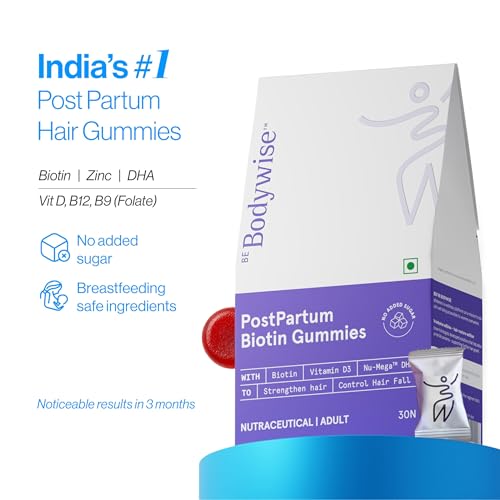 Image of Be Bodywise Biotin Hair Supplement Gummies for Postpartum Hair fall | Breastfeeding Safe | Reduces Hairfall, Strengthens Hair & Improves Density | Zinc, Folic Acid & Multivitamins | No Added Sugar | 60 Days Pack