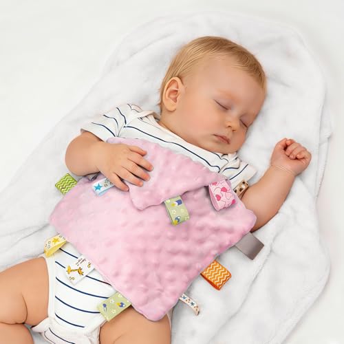 Image of ZIGJOY Baby Tag Security Blanket, Soft Lovies for Babies, Baby Comforter,10 inchX10 inch, Pink