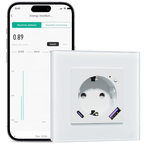 BSEEDLIFE Prise intelligente WiFi en cristal, 1 Gang 86 x 86 mm, Prise murale WiFi intelligente avec fonction de mesure d'électricité, Charge rapide USB-A/C de 20 W, 2,4 GHz, Blanc