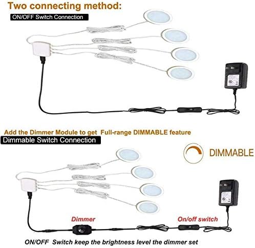 Cefrank Dimmable Puck Lighting - 8W Warm White Kitchen Under Cabinet Lighting - LED Counter Deluxe Kit w/Rotary Dimmer Switch - Continuous Dimming (Warm White, 4 Pack)