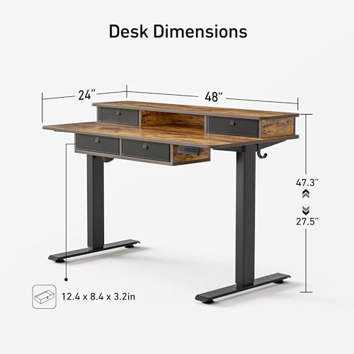 Image of FEZIBO 48'' x 24'' Electric Standing Desk with 4 Storage Drawers, Adjustable Height Computer Table with Monitor Shelf, Stand Up Desk for Study, Gaming, Workstation, Rustic Brown Top