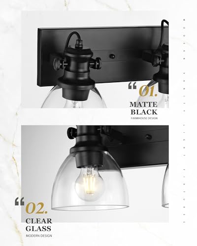 Image of 3-Light Black Bathroom Vanity Light Over Mirror, Clear Glass Shade | 23 inch Retro Vintage Vanity Lighting Fixture, E26 Base, Long Base Metal Frame, Ideal above Bathroom Mirrors, 22151-3W-BK