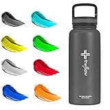 The Flow Insulated Water Bottle Large 32oz Stainless Steel Hydro Vacuum Flask With Wide Mouth Straw Lid, Coffee Flip Lid and Carabiner, Double Wall Sports Travel Tumbler (Grey, 1L)